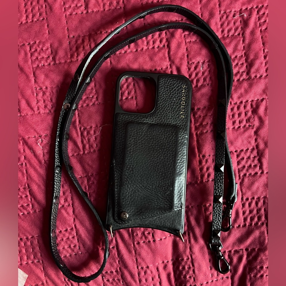 Bandolier Black Leather Phone Case with Strap